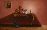 British, An interior scene with teddy bears and dolls sat on console table lit by candle light by Deborah Jones, oil on board, sold Mar 2021