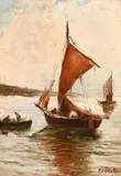 Italian, A marine scene of fishermen in calm waters of the coast by R U Rinaldi, oil on panel, offered Mar 2021