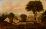 British, The village f te with an artist in the foreground and a castle beyond by Abel Hold, oil on canvas, offered Mar 2021