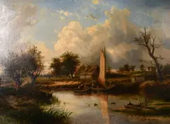 Dutch/British, Figures in boats by an angler with farm buildings in the distance by Joseph Thors, oil on canvas, sold Mar 2021