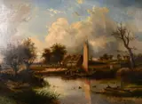 Dutch/British, Figures in boats by an angler with farm buildings in the distance by Joseph Thors, oil on canvas, sold Mar 2021