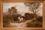 Belgium, figures with a horse and cart carrying logs on a country path with a coastal landscape beyond by Alexis de Leuuw, oil on canvas, offered Mar 2021