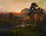 British, A pair of mountainous river landscapes at dusk by Frank Hider, oil on canvas, sold Mar 2021