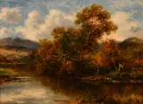 British, figures by a river with hills beyond by Carl Brennir, oil on canvas, offered Mar 2021