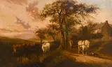 British, a lady on a horse and cart on a pathway by a cottage with cattle and a distant shoreline by Samuel Joseph Clark, oil on canvas, offered Mar 2021