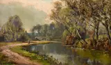 British, A pair of woodland scenes with wayfarers traversing paths by Henry Hadfield Cubley, oil on canvas, sold Mar 2021