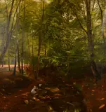 Denmark, Figures resting by a stream in a woodland glade by Julius Petersen, oil on canvas, offered Mar 2021