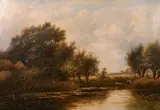 Dutch, figures by a riverbank with cattle in a distant landscape by Joseph Thors, oil on canvas, offered Mar 2021