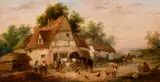 British, A pair of scenes of figures and horses in village settings by Georgina Lara, oil on canvas, offered Mar 2021