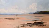 British, figures on a sandy cove with fishing boats and rocky headland beyond by Joseph Vickers de Ville, 1892, oil on canvas, offered Mar 2021