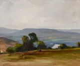 French, An extensive Valley landscape with distant hills by Marin Genoud, oil on board, offered Mar 2021