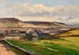French, A study of farm buildings with hills beyond by Marin Genoud, oil on panel, offered Mar 2021