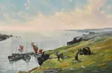 British, fishing boats moored in an inlet with figures waiting and a sweeping coastal landscape beyond by Lionel Ross, oil on board, sold Mar 2021