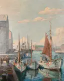 Danish, fishing boats moored on a quay with a city beyond, probably Copenhagen by Robert Panitzsch, oil on canvas, offered Mar 2021