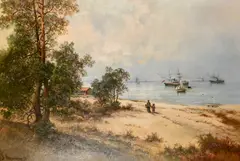 Danish, figures walking on a beach with ships moored beyond by Josefina Holmland, oil on canvas, sold Mar 2021