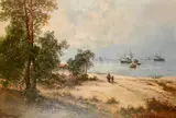 Danish, figures walking on a beach with ships moored beyond by Josefina Holmland, oil on canvas, sold Mar 2021