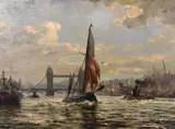 The Arrow, A Thames Sailing Barge Leaving The Outer Pool by Robin Goodwin, oil on board, sold Mar 2021