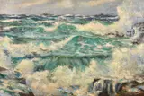 British, waves breaking on a rocky coastline with distance ships on the horizon by William Thornton Brocklebank, oil on canvas, sold Mar 2021