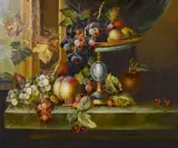 A still life of fruit and vines on a marble ledge by B. Ward, oil on canvas, sold Mar 2021