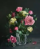 French, A still life of roses in a glass jar by Francine Durosiey, oil on panel, offered Mar 2021
