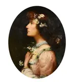 A head and shoulders profile portrait of an elegant lady holding flowers by M. Morris, oil on canvas, sold Mar 2021
