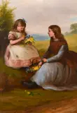 British, girls seated with wildflowers in a landscape by Frank Turner, oil on board, offered Mar 2021