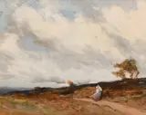British, figures on a path on a windy day by Joseph Vickers de Ville, oil on board, sold Mar 2021