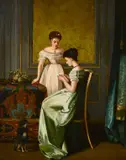 French, ladies reading a letter in a formal room setting by Benjamin Eugen Fichel, oil, sold Mar 2021