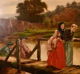 British, Figures on a jetty with a bridge beyond by Alfred Walter Bayes, oil on canvas, offered Mar 2021