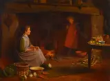 British, scene of a country cottage interior with figures by a fire by Henry Edward Spernon Tozer, oil on canvas, sold Mar 2021