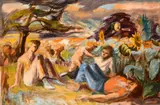 British, Figures resting by sunflowers in a landscape with hills beyond by Phyllis Bray, oil on canvas, sold Mar 2021