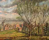 British, A study of trees in the landscape with buildings and a Windmill beyond by Karl Hagedorn, Oil on canvas, signed, offered Mar 2021