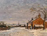 British, figures walking in the snow at dusk with a church beyond by John Hammond Harwood, oil on canvas, offered Mar 2021