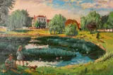 British, figures resting by a village pond with country houses and willow trees in the distance by Dennis Gilbert, oil on canvas, sold Mar 2021