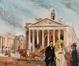British, elegant figures promenading beside a horse and carriage with classical buildings beyond by R. Fowler, oil on canvas, offered Mar 2021