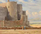 British, figures and the dog resting by a castle with a coastal landscape beyond by Roger Corfe, oil on canvas, sold Mar 2021