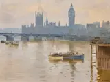 British, a pair of oil on board paintings of views of the Houses of Parliament from different perspectives by Gerald Norden, oil on board, sold Mar 2021