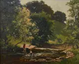 British, A scene of two bathers in a woodland pool by Cyril James Frost, oil on canvas, offered Mar 2021