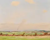 British, An extensive farmland landscape with smoke on the horizon by Robert Morson Hughes, oil on board, sold Mar 2021