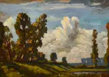 British, A tree lined landscape on a summers day by John Brown, oil on board, sold Mar 2021