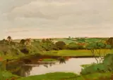 British, A tree lined lake with buildings on the horizon by Robert Morson Hughes, oil on board, sold Mar 2021