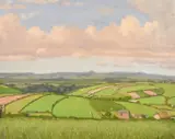 British, A view of farmland with wildflowers in the foreground by Robert Morson Hughes, oil on board, sold Mar 2021