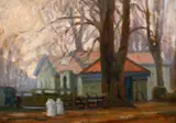 British, A view of buildings from amongst trees by John Brown, oil on panel, sold Mar 2021
