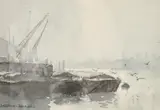 British, A scene of a dockyard on an overcast day by Ashton Cannell, watercolour, sold Mar 2021
