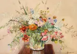A still life of mixed flowers in a glass jug by C. Horvath, watercolour, sold Mar 2021