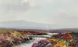 British, A landscape with a stream running through heathery moorland and hills beyond by H.W. Hicks, watercolour, sold Mar 2021