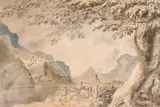 British, A mountain landscape with figures, pen & ink with coloured wash, initialled l.r by Anthony Devis, ink, sold Mar 2021