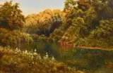 British, A river meandering through a scenic wooded landscape by E. H. Thompson, watercolour, sold Mar 2021
