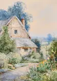 A Cottage Garden, Bedfordshire' a study of a thatched cottage with a blooming garden by Theresa S. Stannard, watercolour, offered Mar 2021