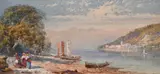 British, A pair of landscapes of figures standing on the shores of Lake Como with the town of Bellagio beyond by Charles Rowbotham, watercolour, sold Mar 2021